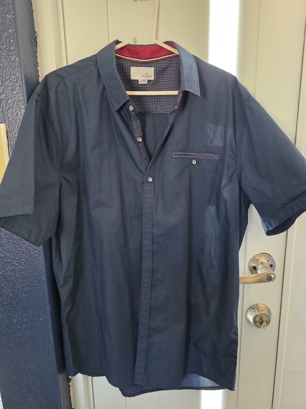 Club Room Navy Short-Sleeve Button-Down Shirt with Red Trim